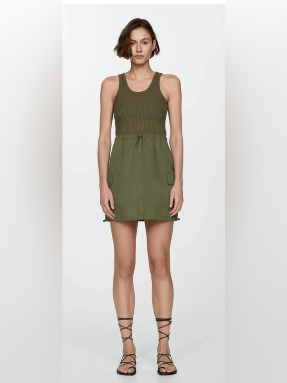 Mango Olive Ribbed Tank Utility Mini Dress